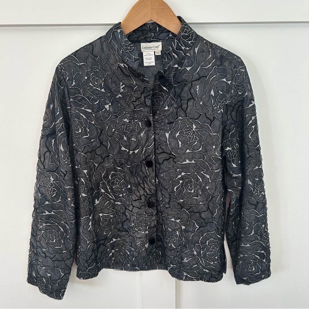 Coldwater Creek Blazer Jacket Gray Embroidered Mesh‎ Overlay Floral Lagenlook PS